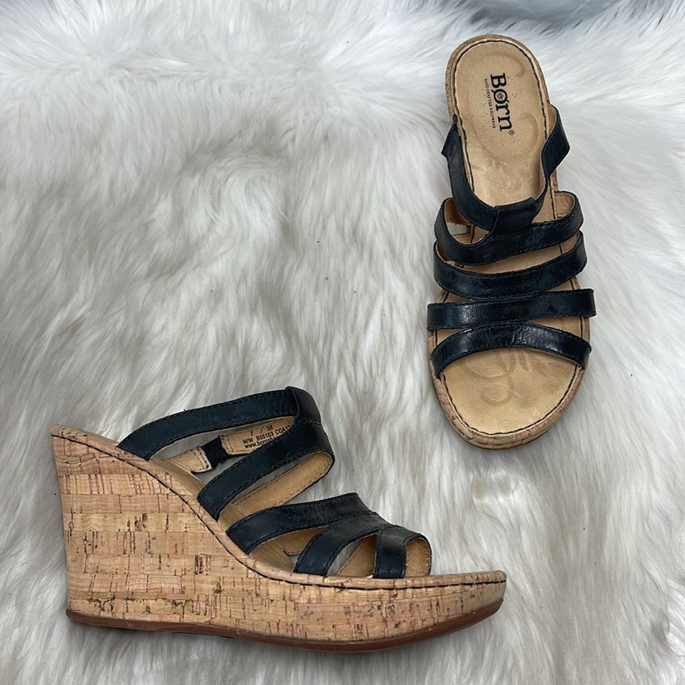 Born Lisi Black Leather Strappy High Cork Wedge Sandals Sz‎ 38/7